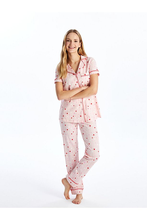 Gömlek Yaka Desenli Kısa Kollu Hamile Pijama Takımı - 1