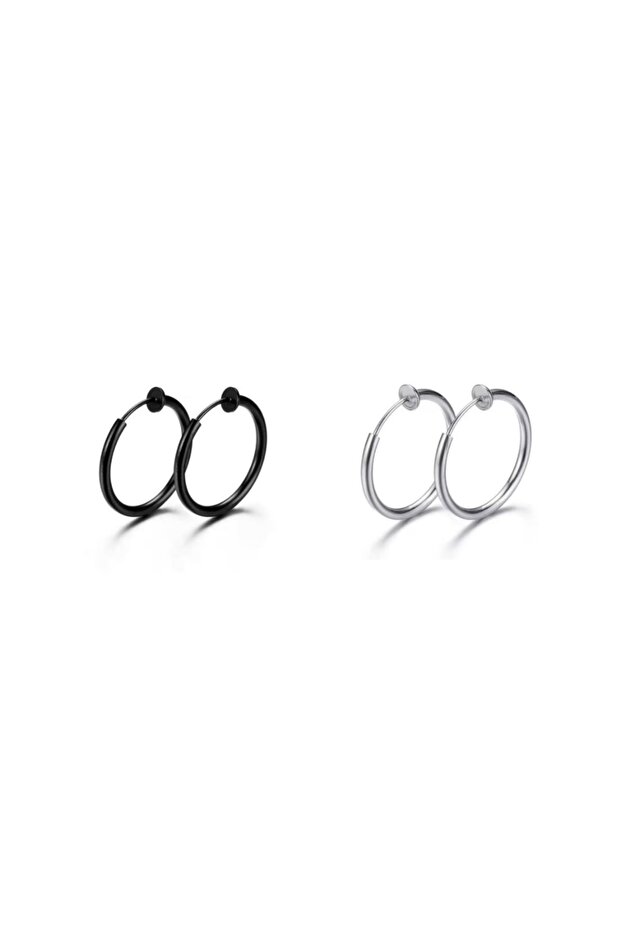 Unisex Set of 2 Compression Fake Non-Perforated Steel Earrings