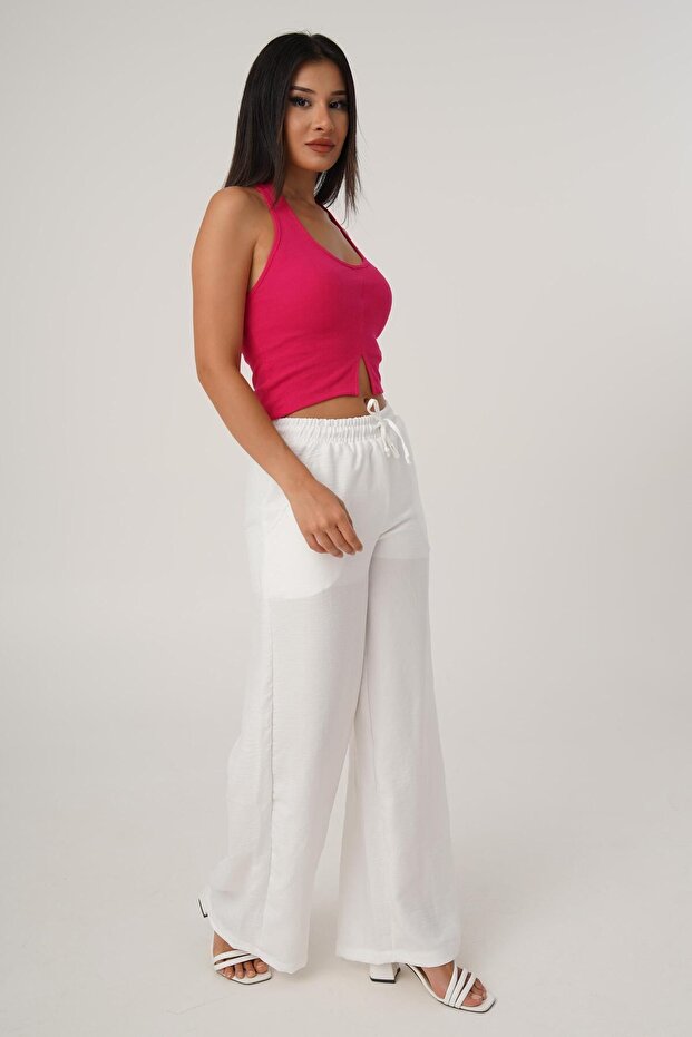 بلوزة قصيرة باللون الفوشيا - موديل أساسي بحمالة عنق - 4