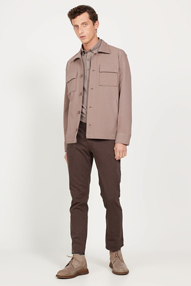 Erkek Koyu Bej Oversize Fit Bol Kesim Klasik Yaka Pamuklu Desenli Gömlek Ceket - 2