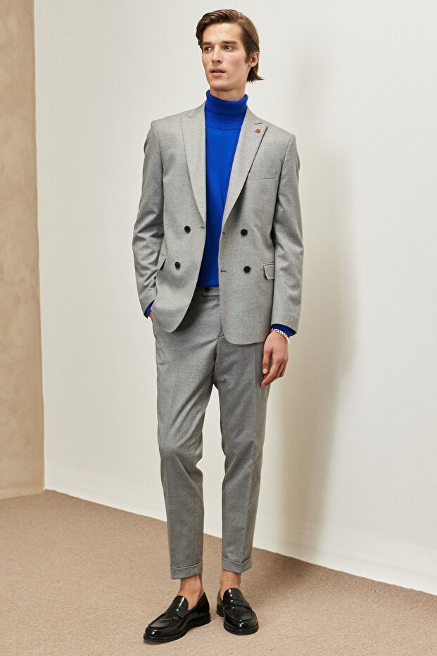 Szary męski garnitur slim fit z jaskółczym kołnierzem, dwurzędowy - 2