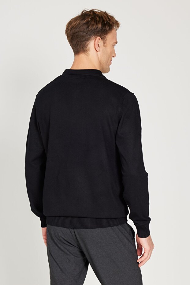 Erkek Siyah Standart Fit Normal Kesim Polo Yaka Triko Kazak - 5