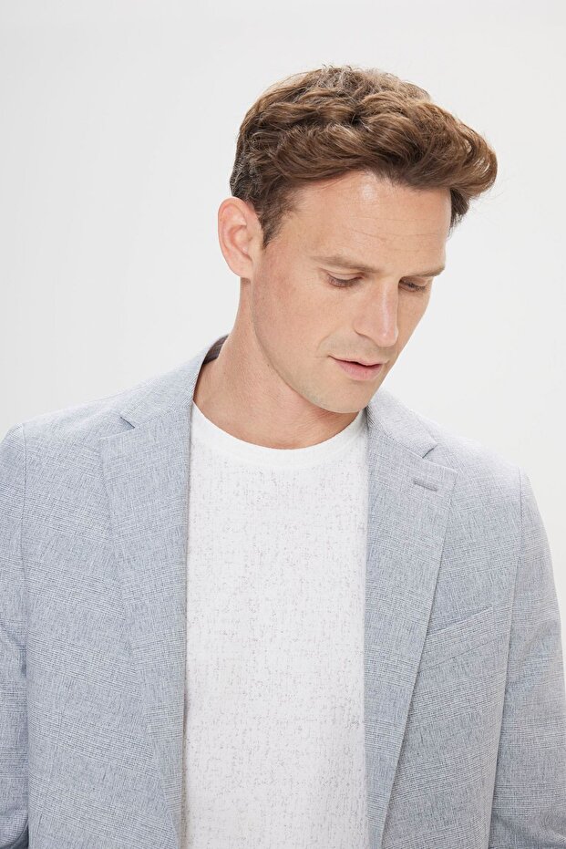 Erkek Gri-Mavi 360 Her Yöne Esneyen Slim Fit Dar Kesim Mono Yaka Desenli Blazer Ceket - 5