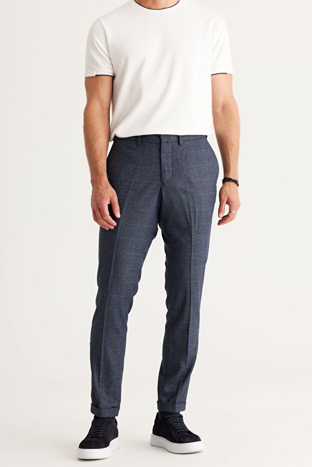 Men's Navy Blue Slim Fit Slim Fit Elastic Waist Flexible Classic Fabric Trousers