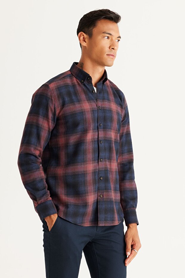 Erkek Lacivert-Bordo Slim Fit Dar Kesim Düğmeli Yaka Pamuklu Gömlek - 1