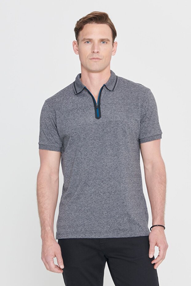 Erkek Antrasit-melanj Slim Fit Dar Kesim Fermuarlı Polo Yaka Pamuklu Kısa Kollu Tişört - 1