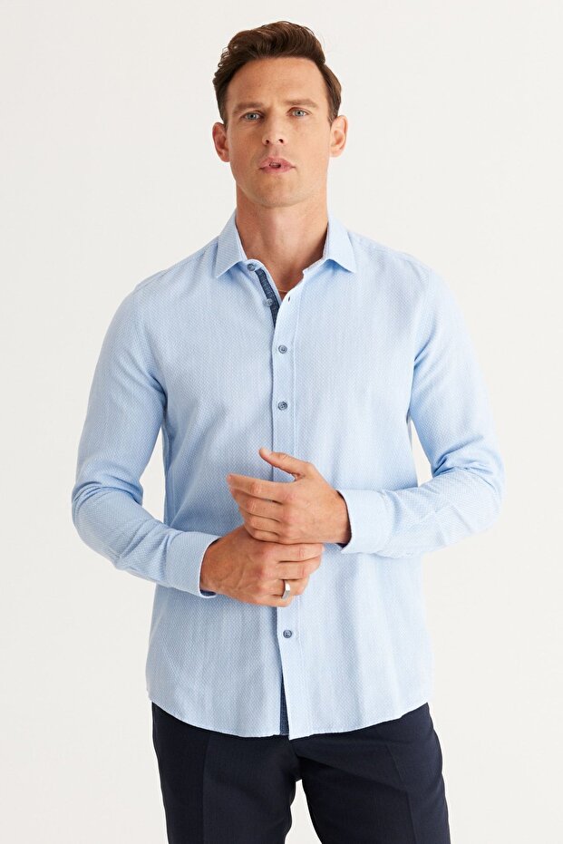 Men's Blue Slim Fit Narrow Cut Classic Collar 100% Cotton Dobby Shirt