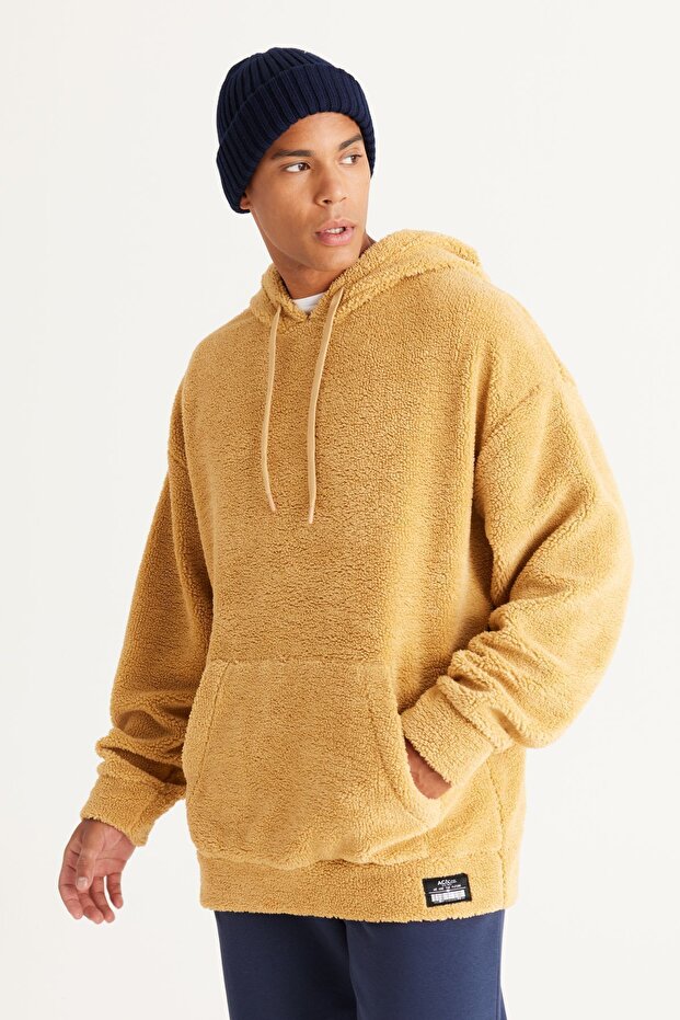 Men's Mustard Oversize Loose Cut Hooded Sherpa Sweatshirt Fleece
