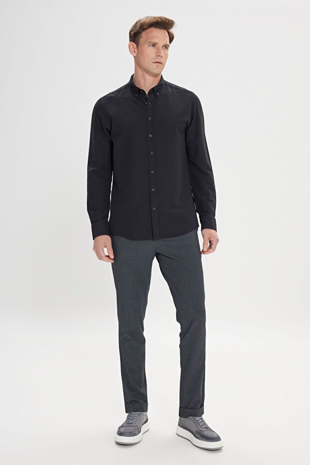 Erkek Siyah Slim Fit Dar Kesim Düğmeli Yaka %100 Pamuk Gömlek - 2