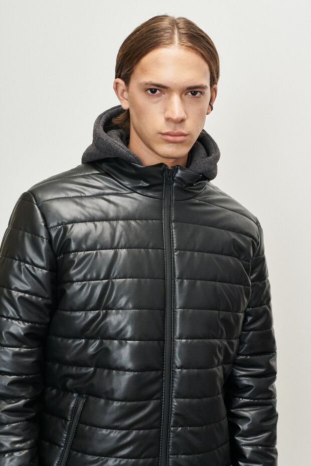 Erkek Siyah Standart Fit Normal Kesim Çıkarılabilir Kapüşonlu Mont - 4