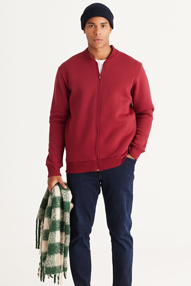 Erkek Bordo Standart Fit Içi Polarlı 3 Iplik Fermuarlı Kolej Yaka Pamuklu Sweatshirt Ceket - 1