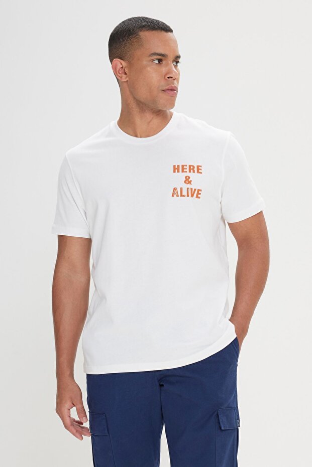 Erkek Ekru Comfort Fit Rahat Kesim %100 Pamuk Baskılı Bisiklet Yaka Tişört - 4