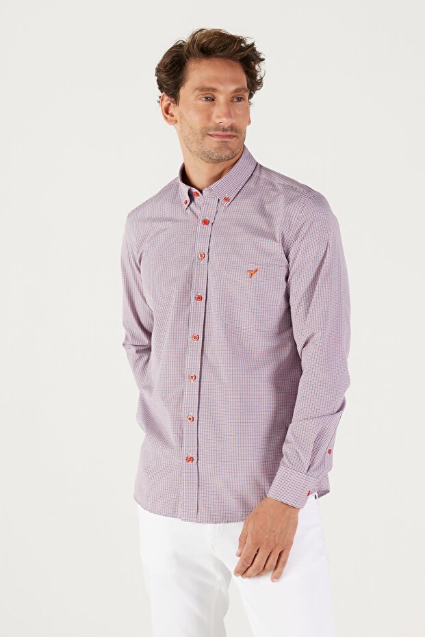 Erkek Lacivert-kırmızı Slim Fit Dar Kesim Düğmeli Yaka Logolu Pamuklu Cepli Çizgili Gömlek - 4