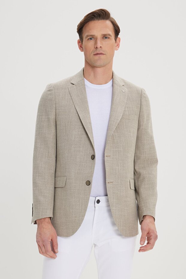 Men's Dark Beige Regular Fit Relaxed Cut Mono Collar Dobby Blazer Jacket