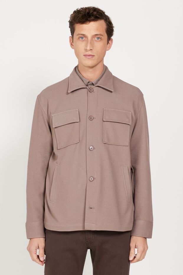 Erkek Koyu Bej Oversize Fit Bol Kesim Klasik Yaka Pamuklu Desenli Gömlek Ceket - 1