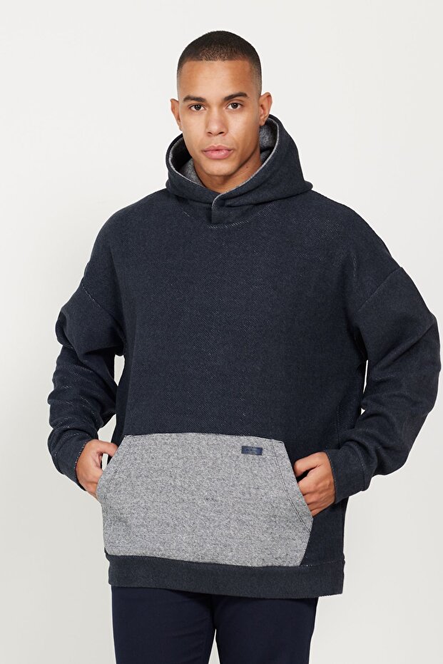 Men's Indigo Melange Oversize Loose Cut 3 Thread Hooded Sweatshirt with Fleece Inside