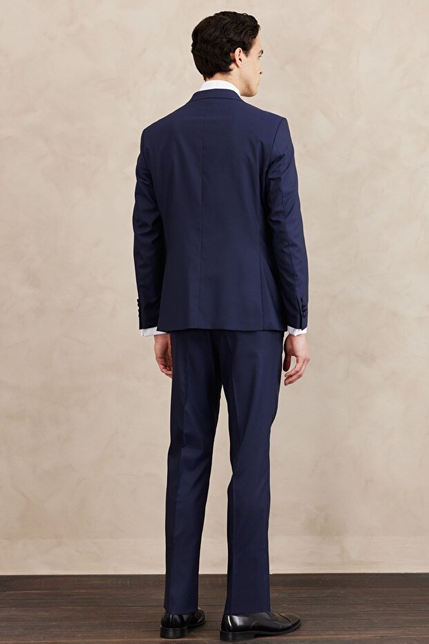 Erkek Lacivert Slim Fit Dar Kesim Mono Yaka Desenli Yelekli Smokin Takım - 5