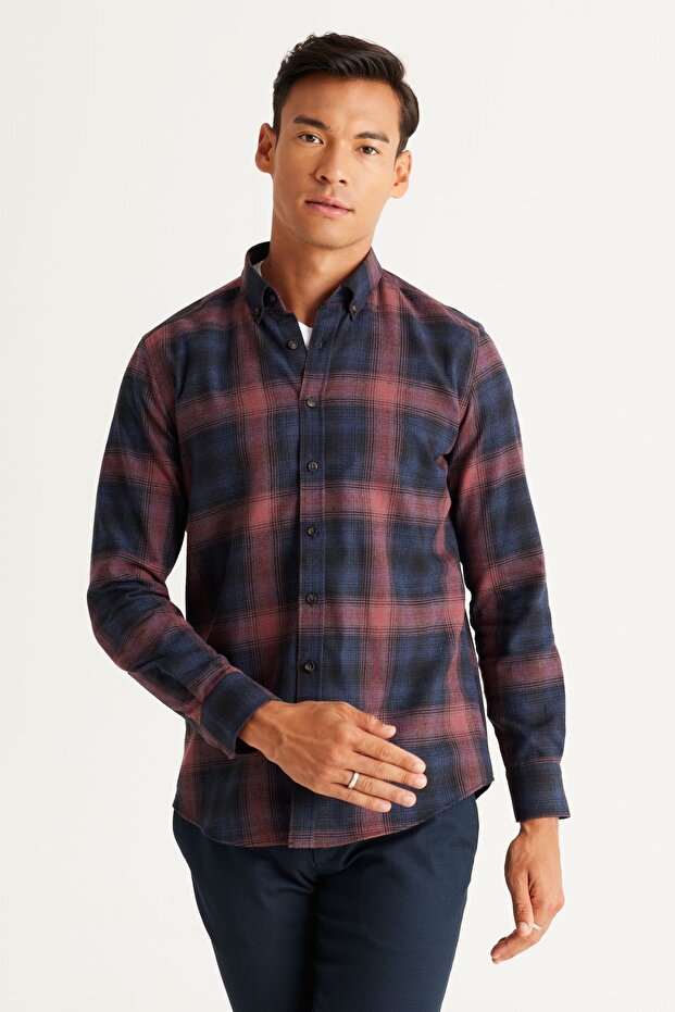 Erkek Lacivert-Bordo Slim Fit Dar Kesim Düğmeli Yaka Pamuklu Gömlek - 3