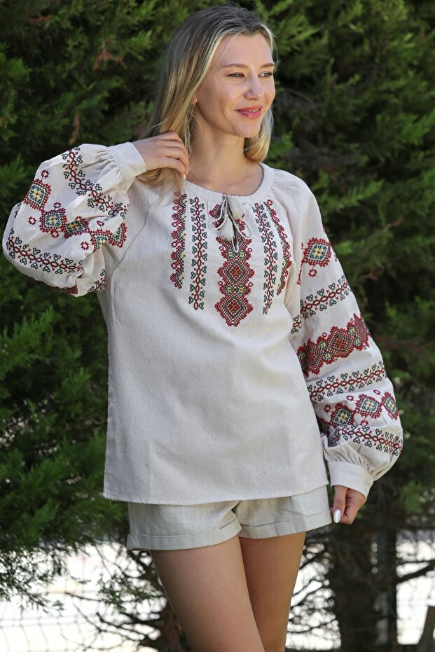Ecru Boat Neck Balloon Sleeve Tie-Down Collar and Sleeve End Embroidered Woven Casual Blouse