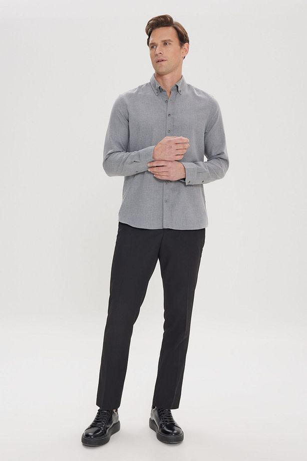 Erkek Açık Gri Slim Fit Dar Kesim Düğmeli Yaka Pamuklu Flanel Oduncu Gömlek - 2
