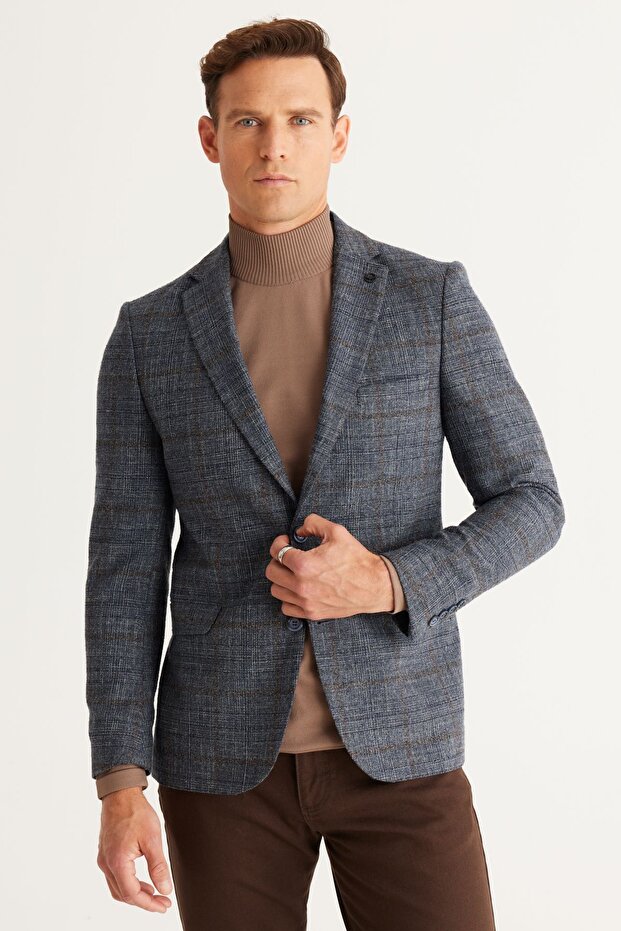 Erkek Mavi-kahverengi Yünlü Slim Fit Dar Kesim Mono Yaka Kapak Cep Ceket - 1