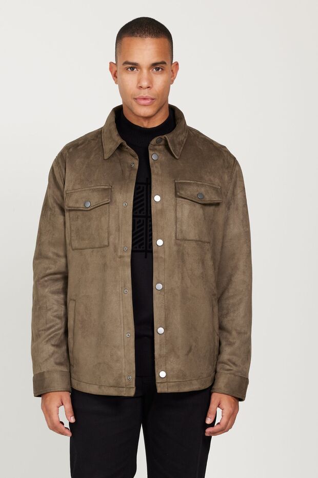 Erkek Haki Standart Fit Normal Kesim Gömlek Yaka Mont - 1