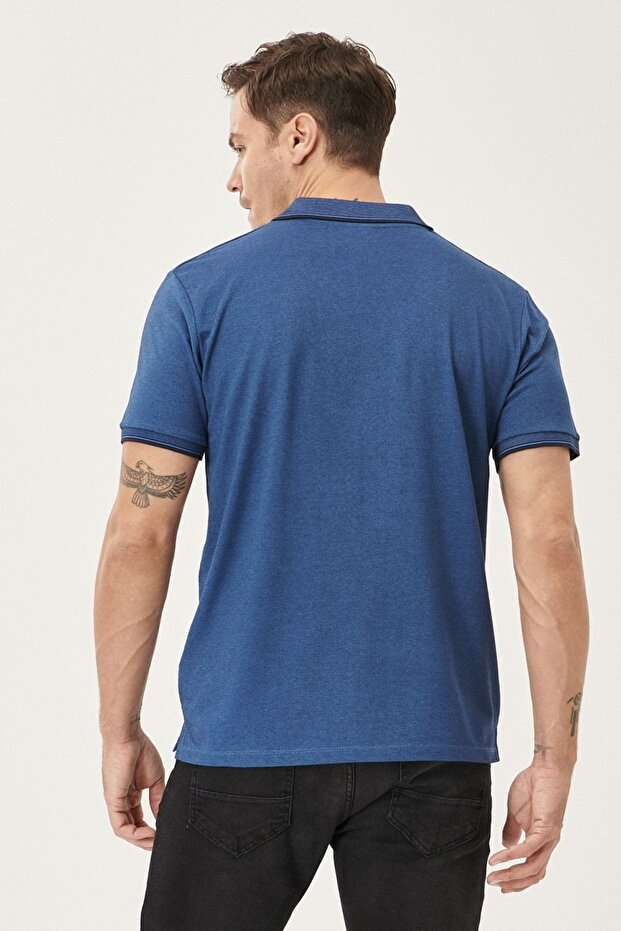 Erkek Çekmeyen Pamuklu Kumaş Comfort Fit Rahat Kesim Laci-indigo Kıvrılmaz Polo Yaka Cepli Tişört - 6