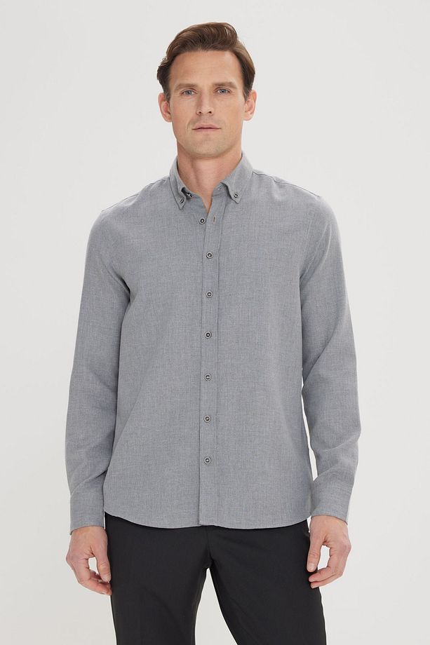 Erkek Açık Gri Slim Fit Dar Kesim Düğmeli Yaka Pamuklu Flanel Oduncu Gömlek - 1