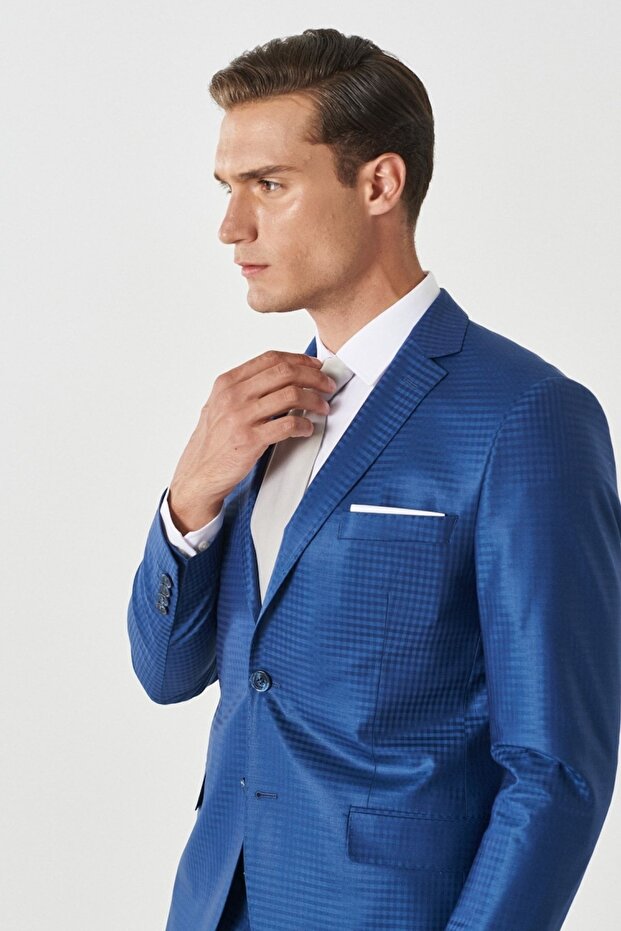Erkek Mavi Eksta Yünlü Slim Fit Dar Kesim Mono Yaka Kareli Mavi Takım Elbise - 3