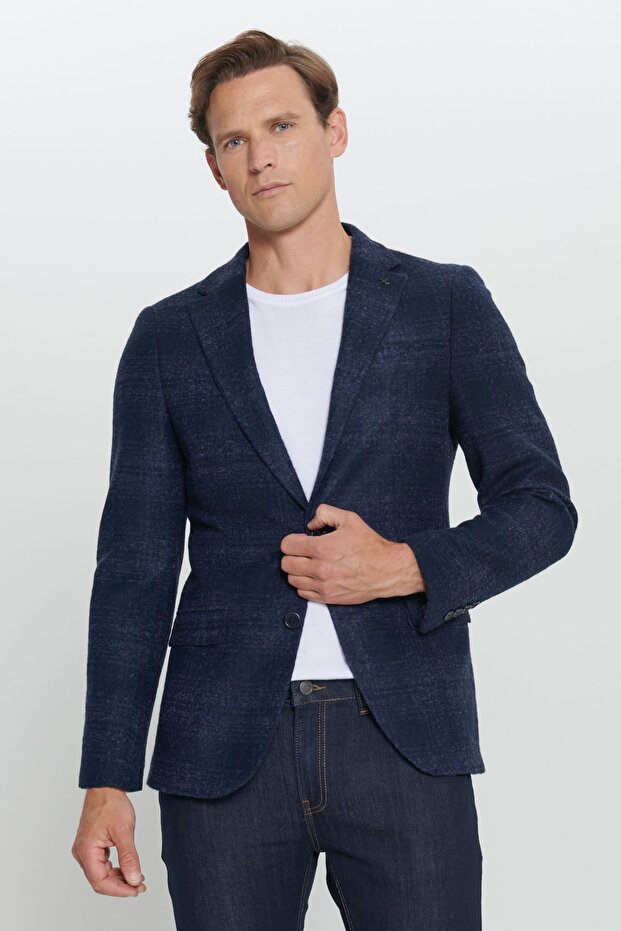 Erkek Lacivert Slim Fit Dar Kesim Mono Yaka Yünlü Blazer Ceket - 4