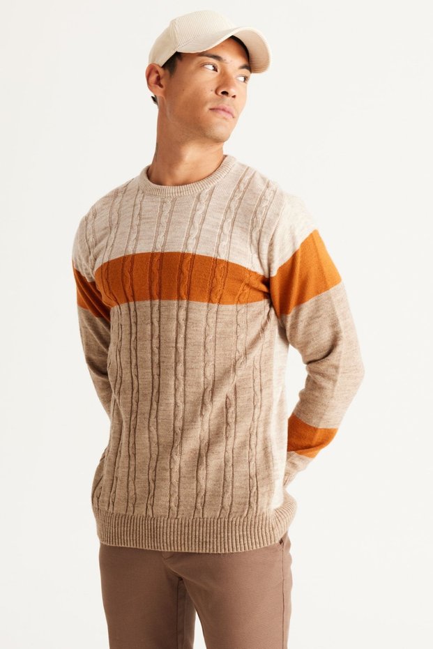 Men's Beige-mink Standard Fit Normal Cut Crew Neck Colorblok Patterned Knitwear Sweater
