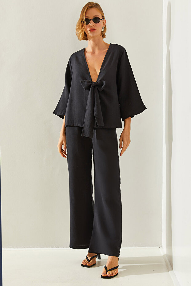 Women's Black Tie-Detail Palazzo 1086 Top and Bottom Set 60251433