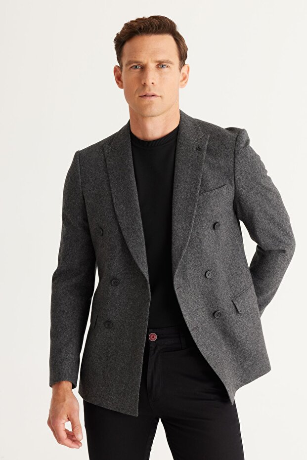 Erkek Siyah Slim Fit Dar Kesim Kırlangıç Yaka Yünlü Kruvaze Blazer Ceket - 1