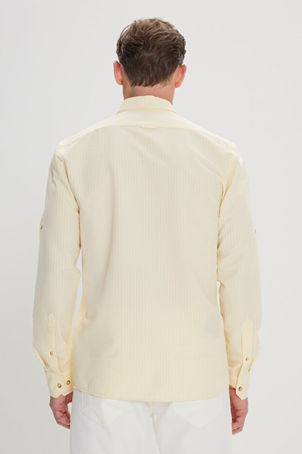 Erkek Sarı Kırışmayan Teknik Oxford Gofre Desenli Slim Fit Dar Kesim Düğmeli Yaka Esnek Gömlek - 5