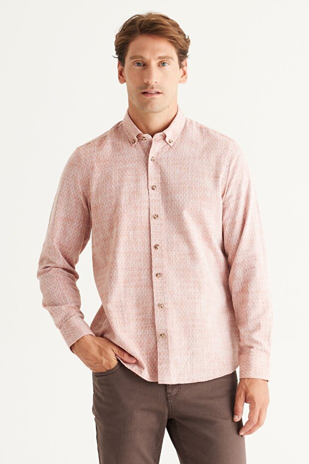Men's Brown Slim Fit Slim Fit 100% Cotton Dobby Button Collar Casual Shirt