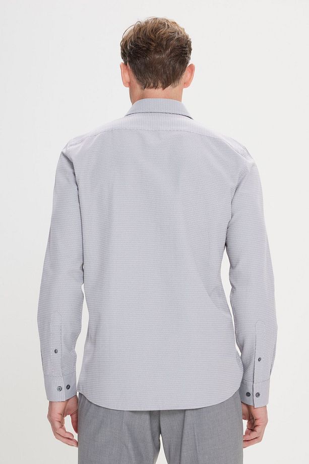 Erkek Gri Slim Fit Dar Kesim Klasik Yaka Pamuklu Armürlü Gömlek - 6