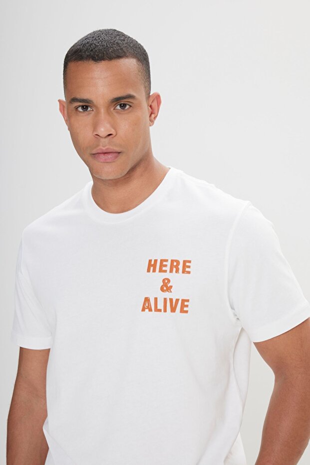 Erkek Ekru Comfort Fit Rahat Kesim %100 Pamuk Baskılı Bisiklet Yaka Tişört - 5