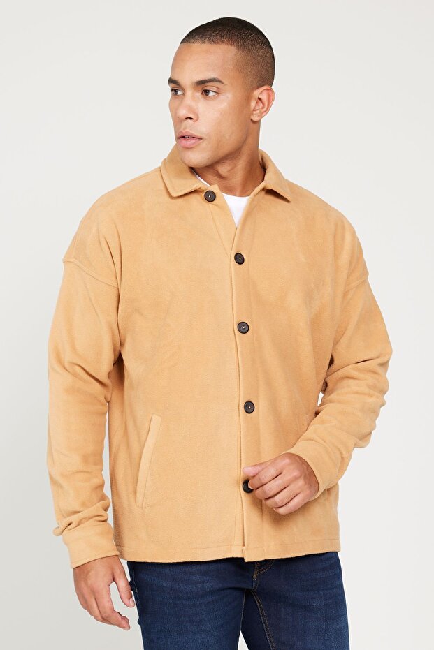 Men's Caramel Oversize Loose Cut Classic Collar Non-Pilling Winter Comfortable Fleece Shirt