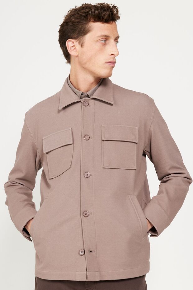 Erkek Koyu Bej Oversize Fit Bol Kesim Klasik Yaka Pamuklu Desenli Gömlek Ceket - 3