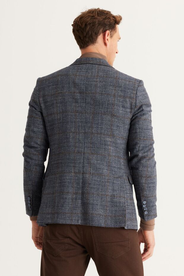 Erkek Mavi-kahverengi Yünlü Slim Fit Dar Kesim Mono Yaka Kapak Cep Ceket - 6