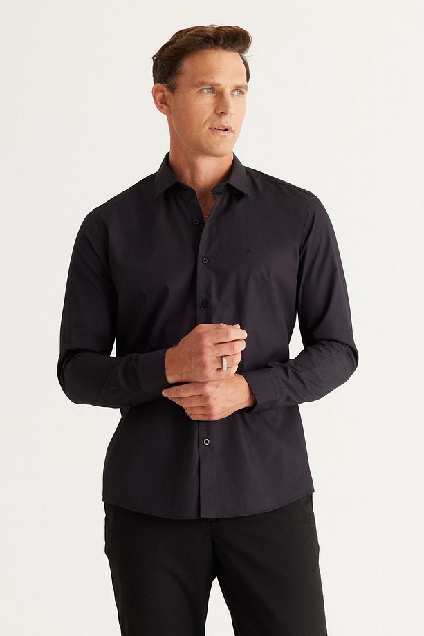 Erkek Siyah Ütülemesi Kolay Non-Iron Slim Fit Dar Kesim Klasik Yaka Pamuklu Gömlek - 1