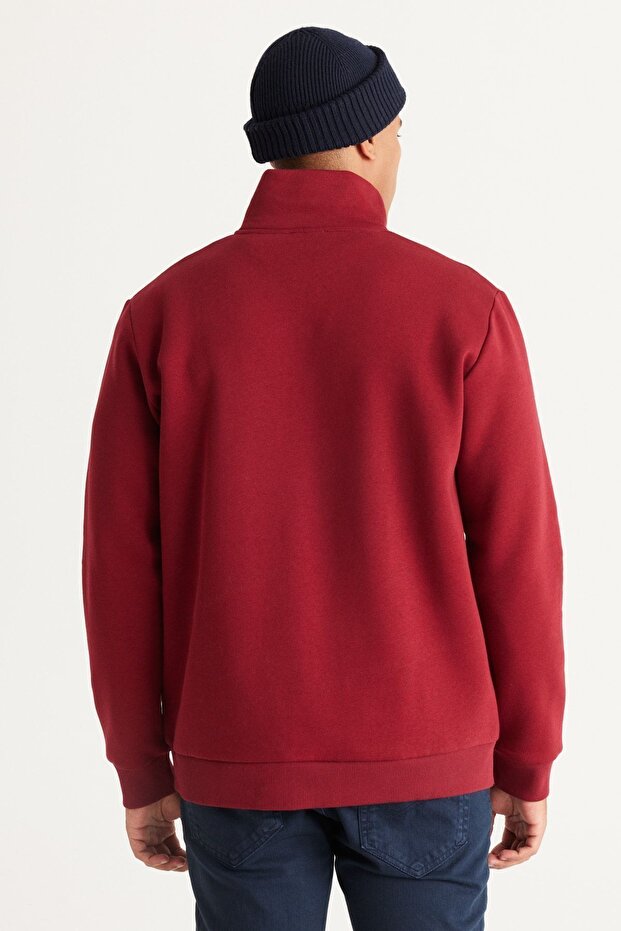 Erkek Bordo Standart Fit Normal Kesim Içi Polarlı Fermuarlı Dik Bato Yaka Pamuklu Sweatshirt - 6