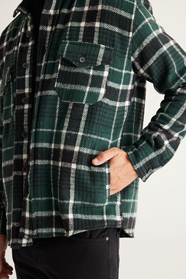 Erkek Hakı-sıyah Oversize Bol Kesim Düğmeli Yaka Ekose Kışlık Gömlek Ceket - 4