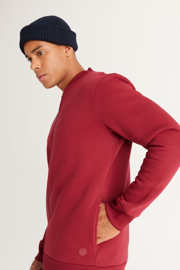 Erkek Bordo Standart Fit Içi Polarlı 3 Iplik Fermuarlı Kolej Yaka Pamuklu Sweatshirt Ceket - 3