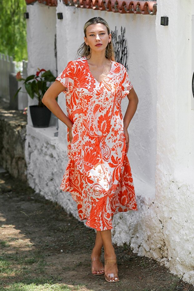Orange-White V-Neck Low Sleeve Allover Printed Woven Casual Dress