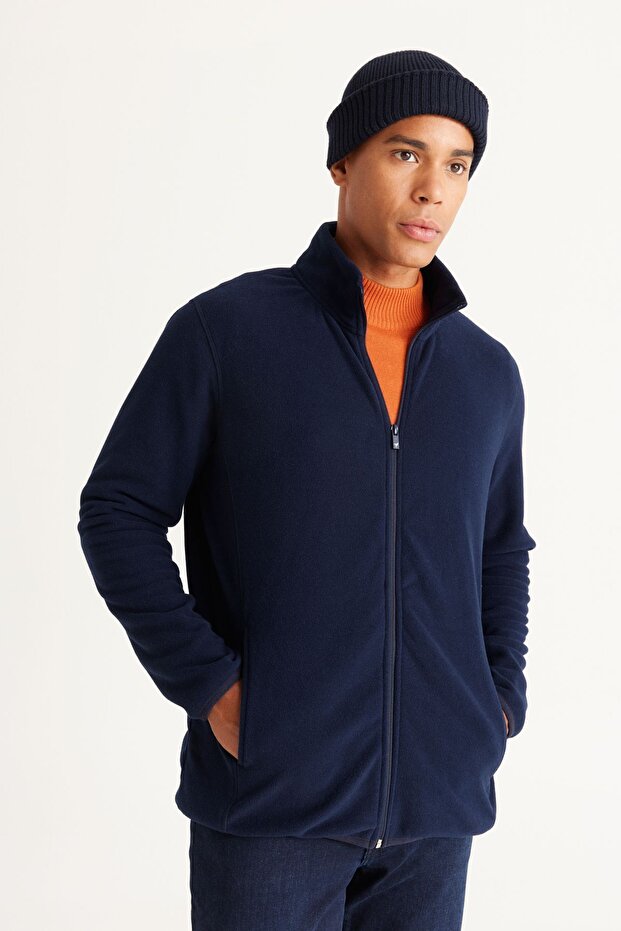 Bluza męska granatowa - antypilling, niepilling, stójka z kołnierzem typu bato, kurtka polarowa - 4