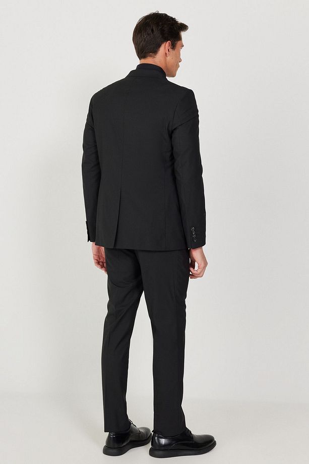 Erkek Siyah Slim Fit Dar Kesim Mono Yaka Yünlü Su Ve Leke Tutmayan Nano Takım Elbise - 5