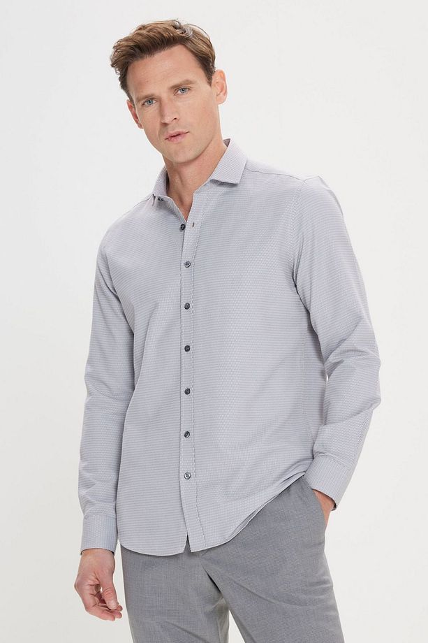 Erkek Gri Slim Fit Dar Kesim Klasik Yaka Pamuklu Armürlü Gömlek - 4