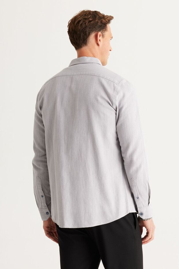 Erkek Gri Slim Fit Dar Kesim Klasik Yaka %100 Pamuk Armürlü Gömlek - 6