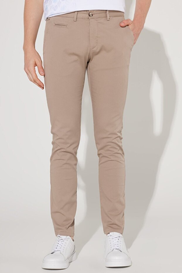 Men's Beige Slim Fit Slim Fit Side Pocket Cotton Diagonal Patterned Flexible Trousers